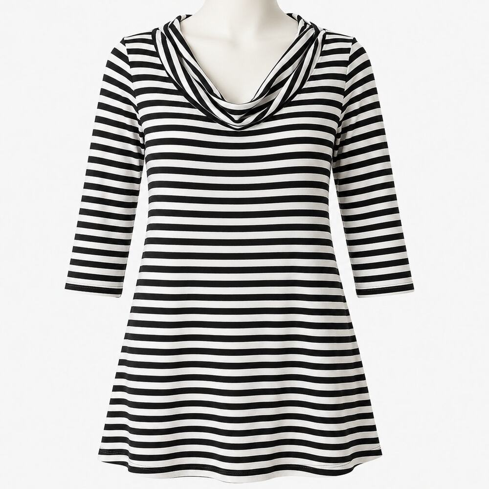 Soma Black White Striped Cowl Neck Tunic Top Women’s S Rayon Stretch 3/4 Sleeve